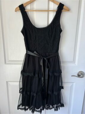 Mystic Black Lace Tiered Mini Dress with Satin Waist Tie